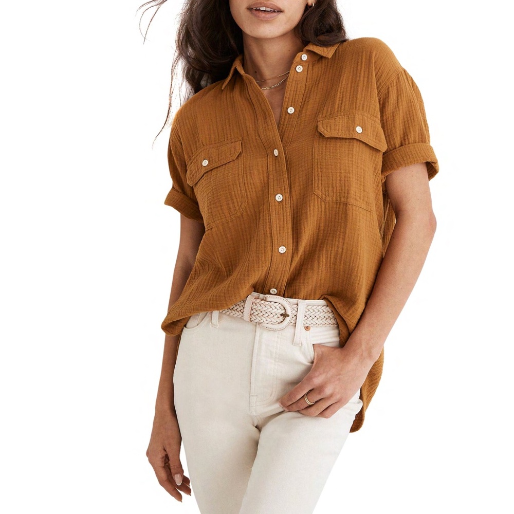 Madewell Gold Lightspun Short Sleeve Button-up Shirt - SIZE M